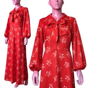 Vintage 70s L Maxi Dress Hostess Gown Red White Floral Pussybow Zip Point Collar